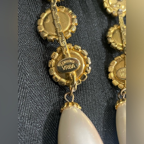 Vintage Signed Lawrence VRBA Faux Pearl Rhinestone 3.5 Dangle Pierced Earrings - Picture 7 of 16